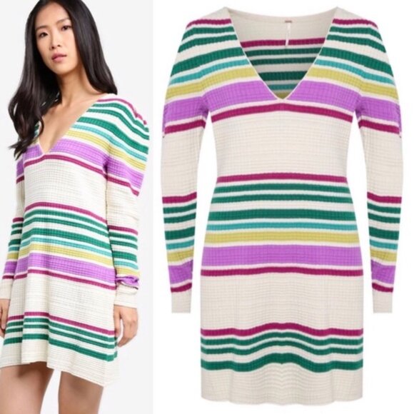 Free People Striped V-Neck Sweater Dress Size M - Picture 1 of 10